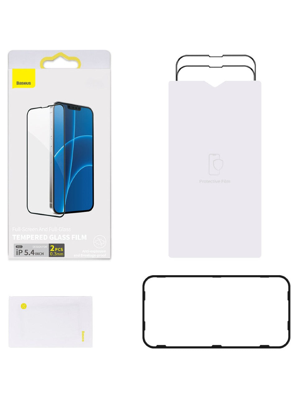 Protection d'écran en verre trempé plein écran Baseus iPhone 13 Mini 5,4" – 0,3 mm, cadre noir, lot de 2