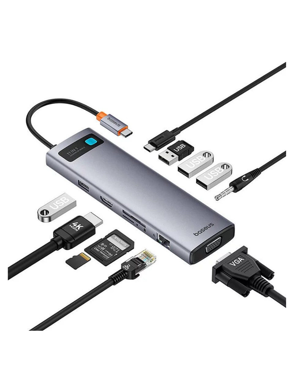 Hub Type-C Baseus StarJoy Metal Glam 11 en 1 – HDMI 4K, VGA, 3x USB 3.0, RJ45, SD/TF, PD 100 W