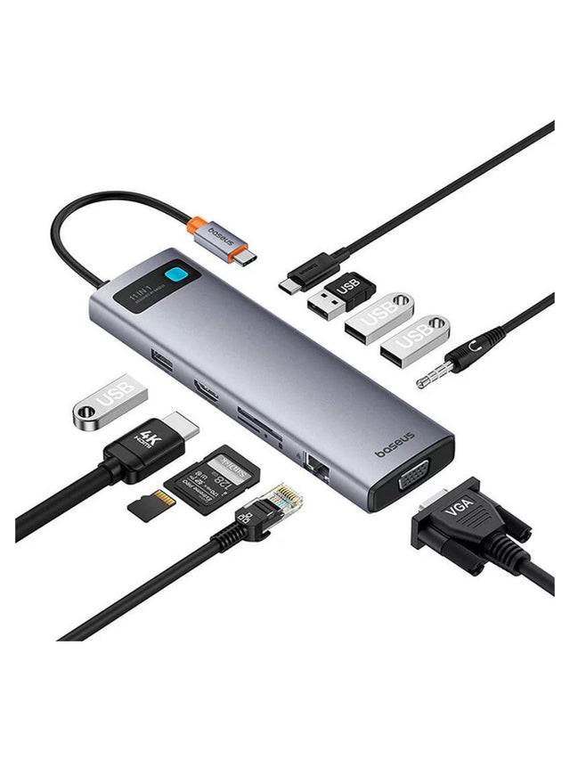 Hub Type-C Baseus StarJoy Metal Glam 11 en 1 – HDMI 4K, VGA, 3x USB 3.0, RJ45, SD/TF, PD 100 W